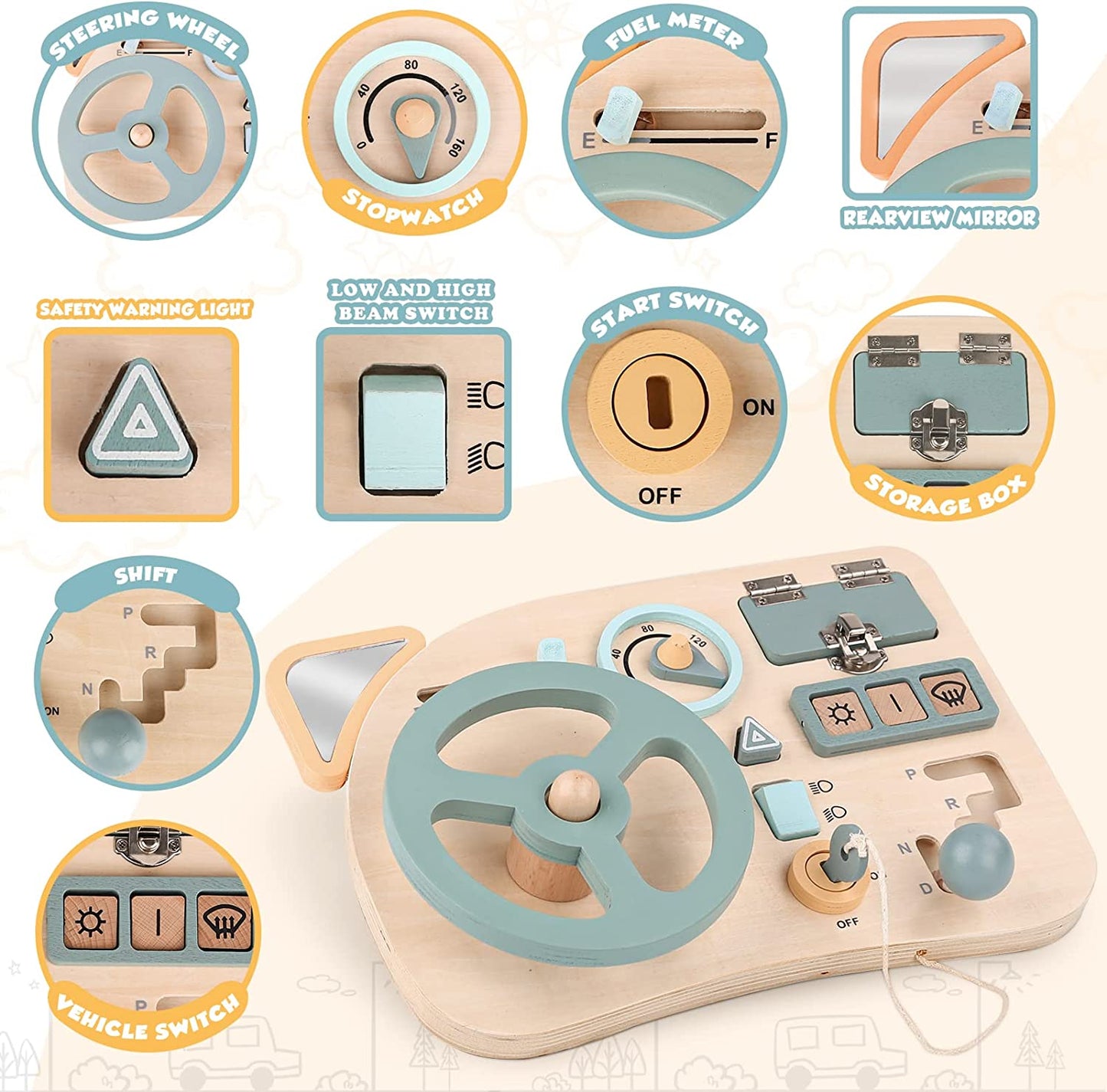 wooden steering wheel sensory board