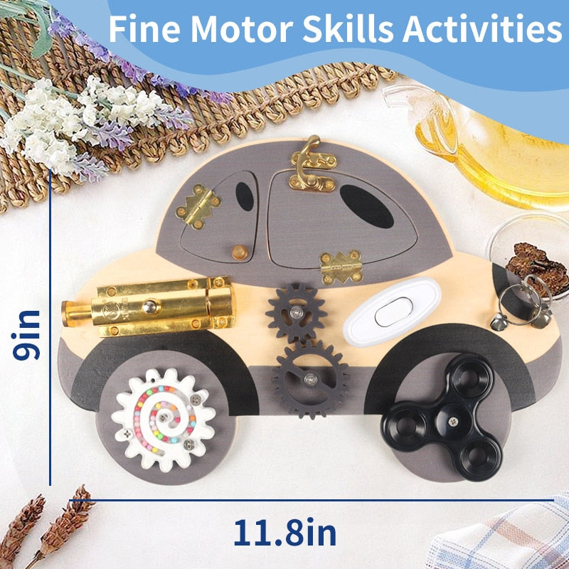 wooden steering wheel sensory board